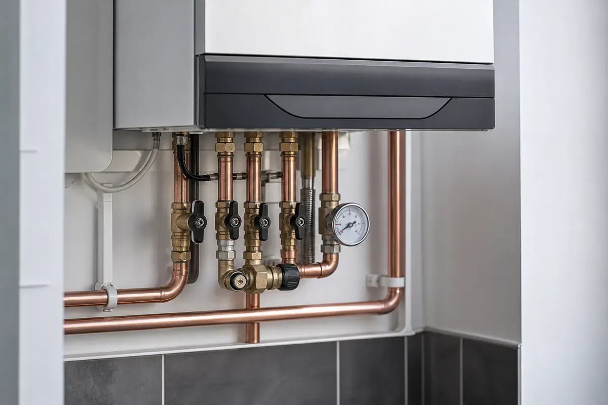 Tidy boiler installation pipework with copper fittings and pressure gauge